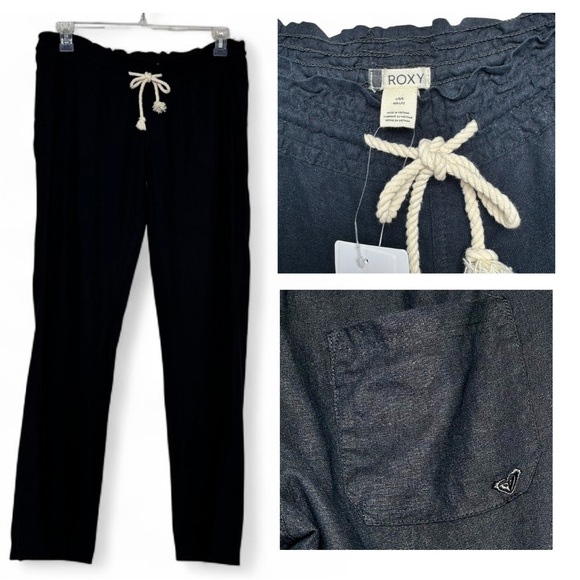 NWT Roxy Large Black Oceanside Pant Beach Surf Travel Linen Blend - Picture 1 of 14